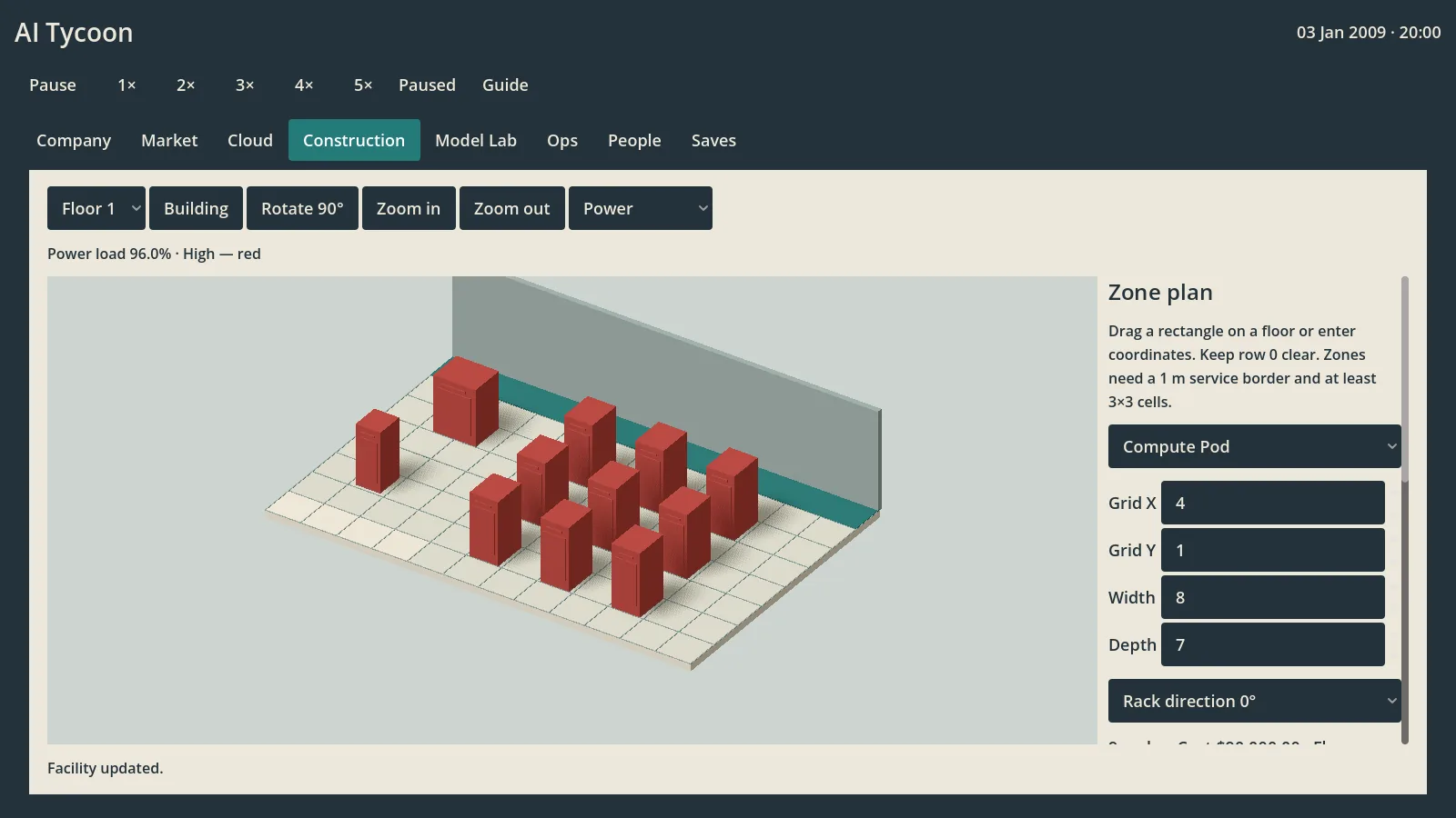 AI Tycoon construction and power overlay
