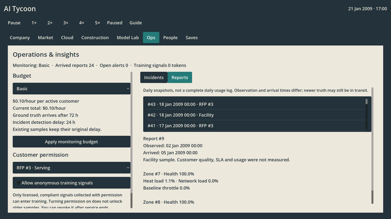 AI Tycoon operations telemetry