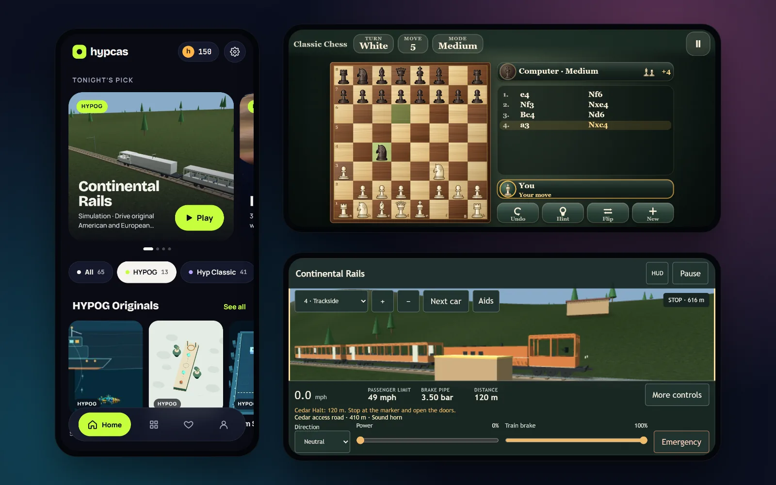 HypCas Hub, chess, and train simulation screens